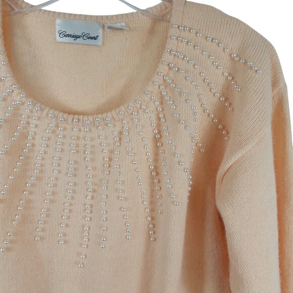Warm Soft Peach Tight Knit Bedazzled Grandma Core Preppy Retro Cozy Sweater S - Picture 4 of 10